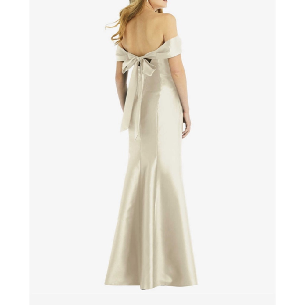 Alfred Sung Champagne Beige Off the Shoulder Bow Back Satin Dress - Picture 3 of 10